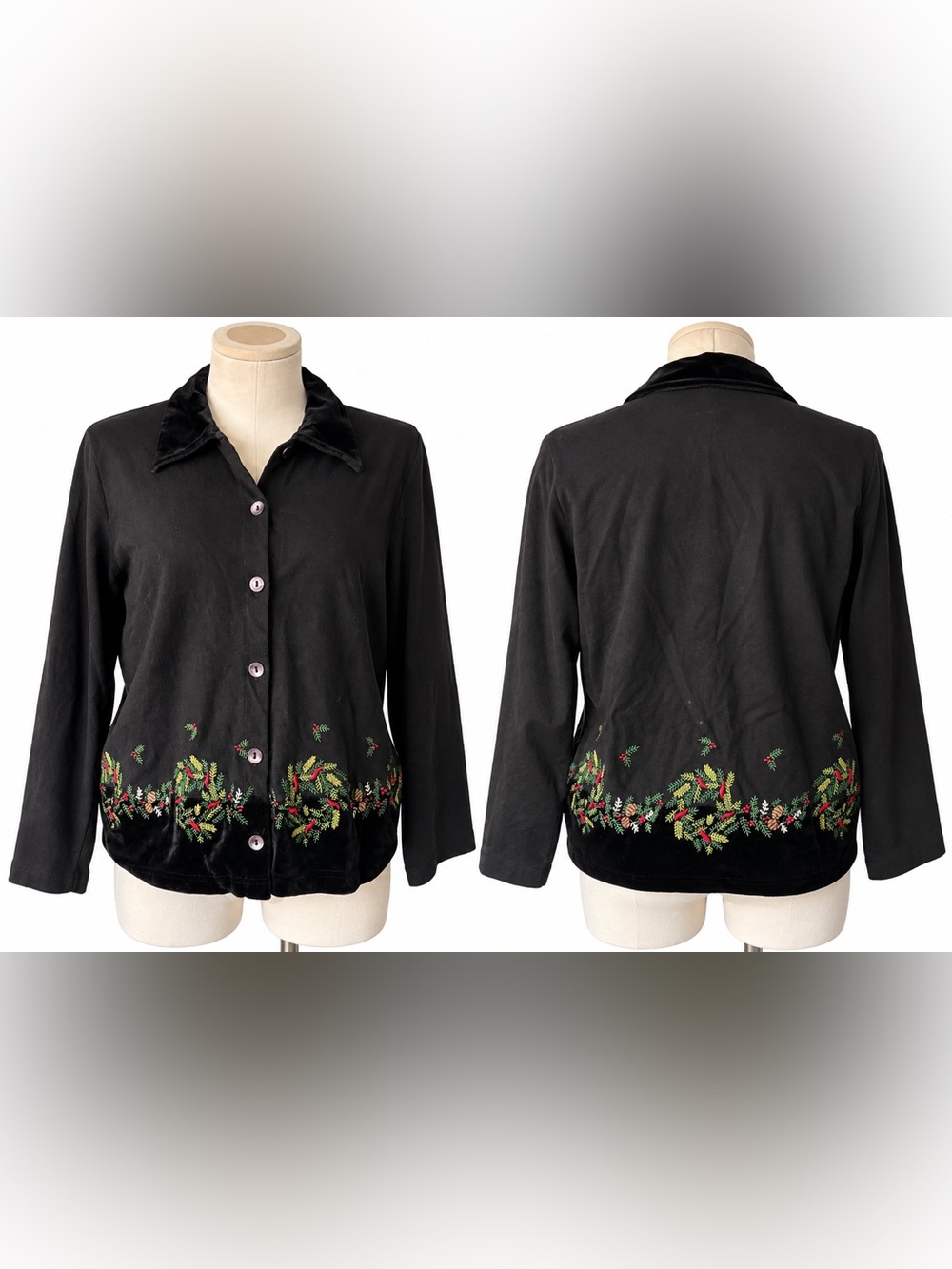 Y2K Susan Bristol Embroidered Christmas Cardigan Sweater Black Velvet Trim-M